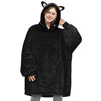 Oversized Panda Sherpa Hoodie Blanket, Fluffy Warm Cosy Blanket With Sleeves And Hood, Wearable Blanket To Put On As A Gift Idea For Women Men Children, Black Cat