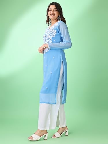 Image of HESVI Women's Georgette White Lakhnavi Chikankari Kurti with Intricate Embroidery Work