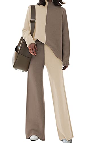 Viottiset Women's 2 Piece Outfits Turtleneck Sweater Top Wide Leg Pants Knit Sweatsuit Lounge Set...