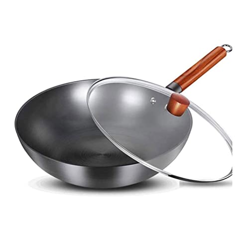 Sartén de hierro con tapa y mango de madera, parte inferior plana con tapa para inducción eléctrica o estufas de gas
