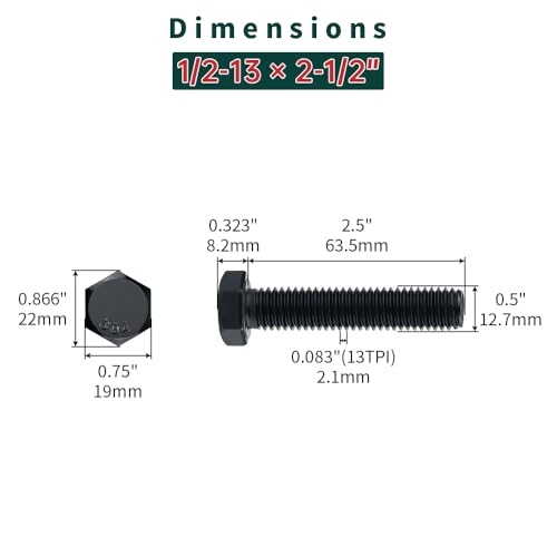 Image of 1 /2-13 x 2-1 /2 inch Hex Bolts with Nuts and Washers (200 Sets), 18-8 (304) Stainless Steel, External Hex Drive, Black Oxide Coated Hexagon Head Bolts Screws, Fayeploo