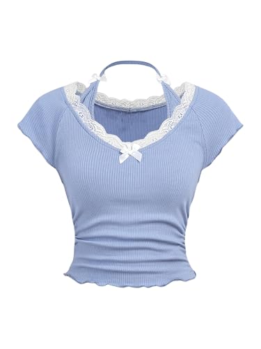SOLY HUX Girl's Lace Trim Halter Crop Tops Bow Front Short Sleeve Ruched Tee Summer Y2k T Shirt