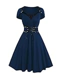 DRESSFO Gothic Vintage Victorian Vampire Retro Solid Grommet Lace Up High Waisted Mini Dress(Deep Blue/M)