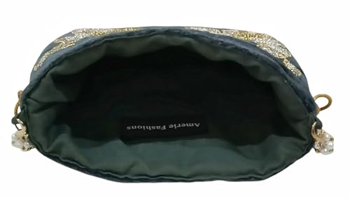 Image of Velvet Potli Bag with Golden & Silver Beaded Flower Embroidery - Handcrafted Ethnic Drawstring Bag for Weddings, Parties & Festive Gifts - Beaded Handle & Tassels for Women