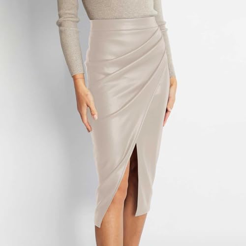 Womens Faux Leather Midi Skirt High Waisted Wrap Ruched Front Slit Zip Back Bodycon Skirts Pencil Midi Skirt3