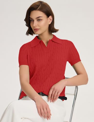 Image of Micoson Womens Short Sleeve Sweater Tops Lapel V Neck Polo Shirts 2026 Summer Cable Knit Loose Blouse Business Casual Outfits