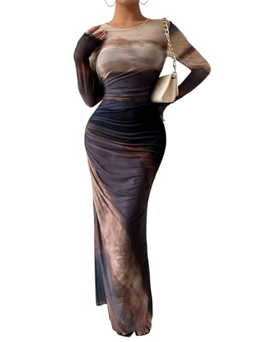 Image of Womens Long Sleeve Maxi Dress Mesh Bodycon Spring Fall Formal Wedding Guest | Tie Dye Ruched Night Out Cocktail Party Long Dresses