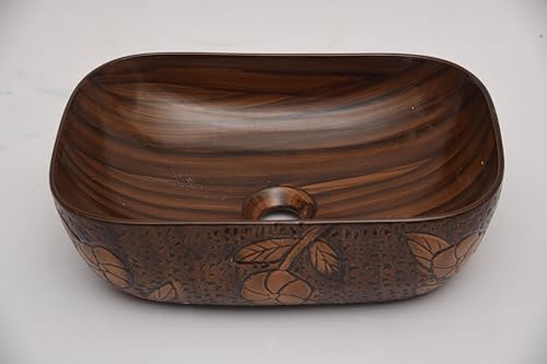 REMOTION Wooden Style Designer Wash Basin Countertop | Tabletop Ceramic Bathroom Sink | Wash Basin For Bathroom (18 x 13 x 5.5 Inch) (Wodeen Style Designer Basin-7)