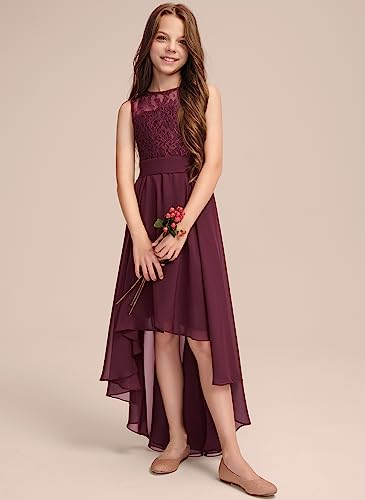 Junior Bridesmaid Dress for Teen Girls, Flower Girl Dresses Formal A-line Scoop Asymmetrical Chiffon Lace2