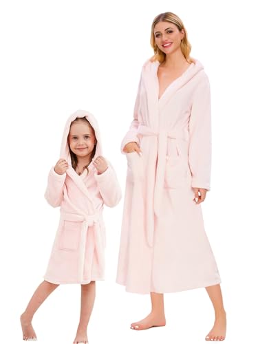 Image of Umeyda Girls & Women Fleece Hooded Robes, Soft Fuzzy Bathrobe Warm Plush Fluffy Bath Robe for Kids Womens