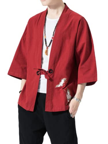 Image of Men's Japanese Kimono Cardigan Loose Cotton Linen 3 /4 Sleeve Open Front Casual Summer Shirt Jackets