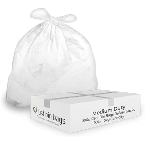 200x 90L Clear Bin Bags - Refuse Sacks | 10kg Capacity- 100 Gauge, 25 Micron - Medium Duty Waste Recycling Rubbish Dustbin Bags (Crystal) Cover