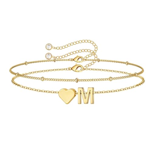 Image of M MOOHAM Easter Basket Stuffers Gifts for Kids Teens Girls - 14K-Gold-Plated Heart Initial A-Z Bracelets for Women Girl Dainty Gold Bracelets Birthday Easter Gifts for Women Teenage Girls Kids Teens