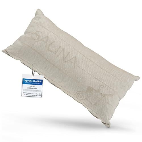 sositex | 1 cojín de sauna de primera calidad, cojín de viaje favorito, diseño: Saunia, tamaño: 50 x 25 cm, lino y algodón, hamaca, playa o picnic (natural/blanco)