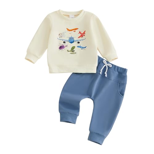 Bonangber Toddler Baby Boy Fall Winter Clothes Crewneck Sweatshirt Airplane Print Long Sleeve Shirt and Pants Cute Baby Boy Outfits (A-Beige,12-18 Months)