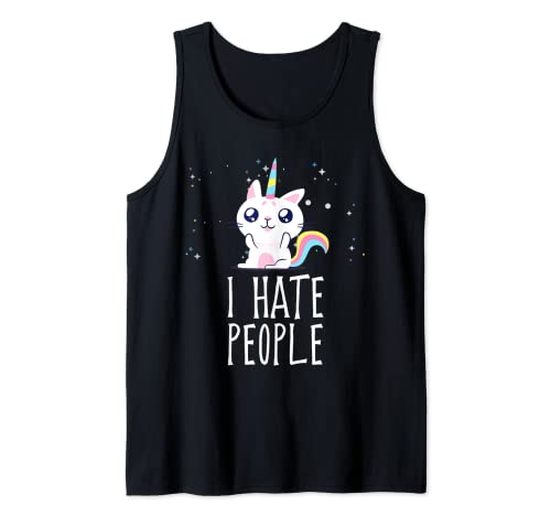 I Hate People Cute Unicorn Cat Funny Sarcastic Art Quote Tank Top