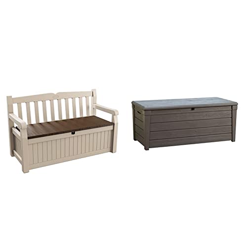 Keter Eden Bench Beige and Brown, 140 x 60 x 84 cm & Brightwood Outdoor Storage Box Garden Furniture, 145 x 69.7 x 60.3 cm - Brown