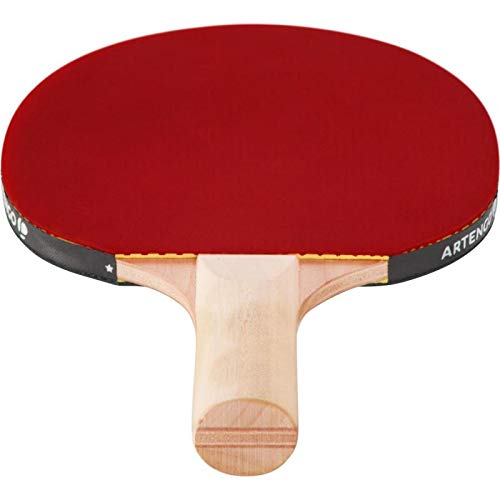 Angled close-up view of the red rubber and wooden blade edge of a Pongori TTR 100 table tennis bat.