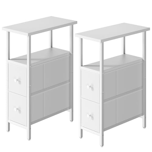YMYNY Mesa Auxiliar Estrecha Conjunto de 2 Piezas, Mesita de Noche con Dos Cajones Tapizados en Tela, Mesa Auxiliar Sofa Adecuada para Salon dormitorios, Blanco HST019W-2