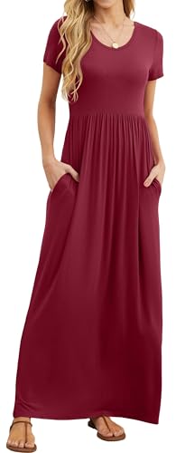 GRECERELLE Women Summer Crew Neck Casual Short Sleeve Long Maxi Dress with Pockets, Wine Red, L