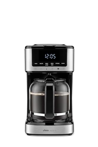 Ufesa Cafetera de Goteo Ariccia Programable 900W, 14 Tazas, 1,8L, Pantalla Táctil, Acero Inoxidable, Filtro de Nylon Extraíble, Jarra de Cristal Alta Temperatura, Apta para Lavavajillas, Antigoteo