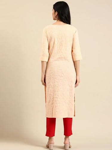 Image of SHOWOFFFF Women Woven Design Straight Ethnic Kurta | Round Neck 3 /4th Sleeves Cotton Kurta for Womens | Regular Fit Calf Length Kurta for Women's