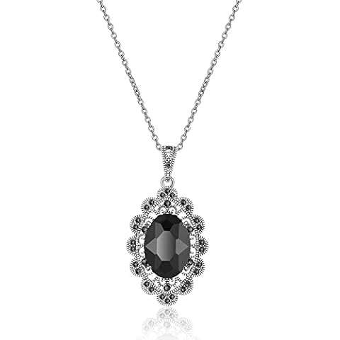 Aprilery Silver Onyx Pendant Necklace, Black Vintage Onyx Marcasite Gemstone Pendant Statement Jewelry Necklaces for Women Girls Teens Gifts Birthday Valentine's Day, Copper, No Gemstone Cover