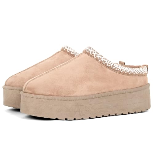 Womens Slippers Warm Winter Slippers Mules Platform Fluffy Slippers Fur Slipper Outdoor Thermal House Shoes For Ladies (KHAKI MICRO  Adult Women 5 Numeric UK Footwear Size System Medium)