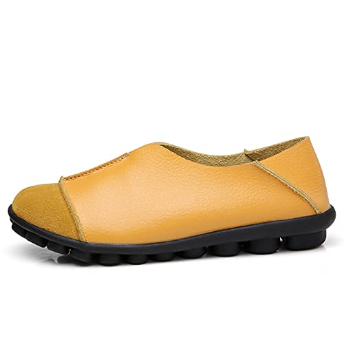 2021 Women Loafers Woman Leather Flat Shoes Super Soft Comfortable Middle-Aged Women Casual Shoes Large Size Women Flats (Yellow, 5)