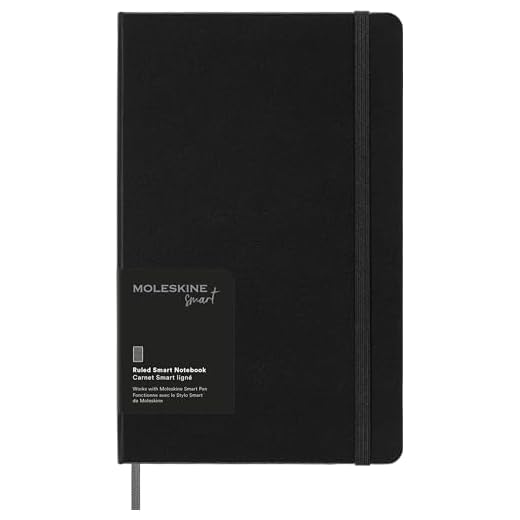 Moleskine Smart Notebook, Smart Writing System, Digitaler Notizblock mit Hardcover, Linierten Seiten und Elastischem Verschluss, Größe Large 13 x 21 cm, Farbe Schwarz