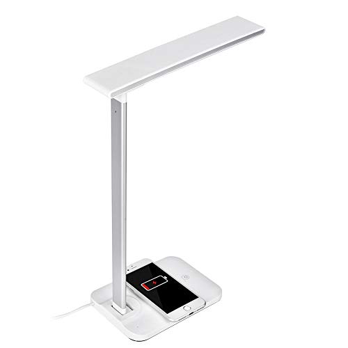 Preisvergleich Produktbild ASHATA LED-Schreibtischlampe mit kabelloser Aufladung,Blickfeste Bürolampe mit USB-Ladeanschluss Tischlampen für Studium, Lesen und Schlafen, 135 ° Drehung, 10W, Weiß