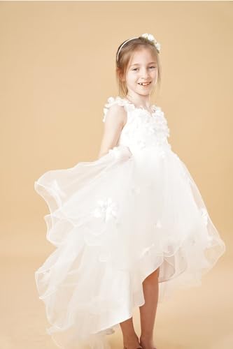 Flower Girl Dress for Wedding Lace Appliques 3D Floral Hi-Lo Girls Pageant Tulle Dress Kids Princess Party Prom Gown2