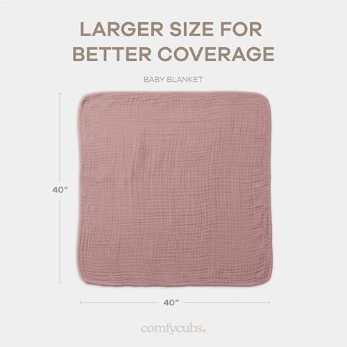 Image of Comfy Cubs Muslin Baby Blanket - Soft, Lightweight, 6-Layer Cotton Swaddle Blankets for Newborns, Infants & Toddlers - 40 inch x 40 inch Large, Breathable & Versatile for Sleeping & Tummy Time - Mauve