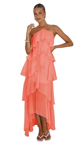 Lousare Coral Halter Bridesmaid Dresses for Women Beach Chiffon Sleeveless Maxi Prom Dress Long Tiered Ruffles A Line Formal Wedding Guest Dress 6