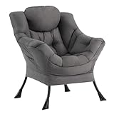 SESHINELL Lazy Chair for Living Room, Modern Soft Reading Chair Accent Contemporary Lounge Leisure Sofa Chair with Armrests and a Side Pocket for Bedroom, Dorm & Office, Dark Grey