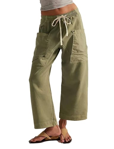 Zontroldy Women's Casual Cotton Wide Leg Cargo Pants Elastic Waist Drawstring Trousers with Pockets