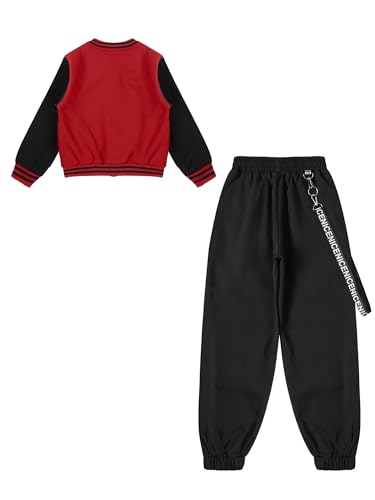 Girls Boys Long Sleeve Varsity Baseball Bomber Jacket Coat Button Sweatshirt Outwear with Cargo Sweatpants Set4