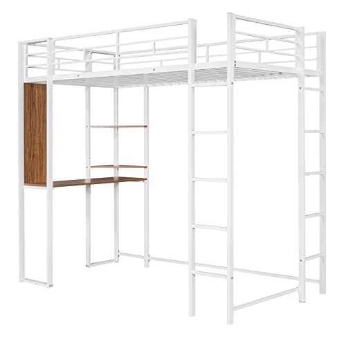 Bellemave Metal Loft Bed Studio Loft Bunk Bed Over Desk And Bookcase With 2 Ladders,Twin Loft Bed For Dorm,Boys And Girls Teens Kids,White #TOP7