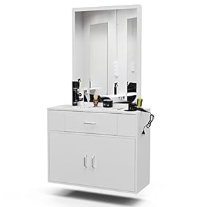 Wall Mount Salon Station Barber Stations Styling Station with Mirror Drawer Storage Cabinet Spa Salon Equipment(White)