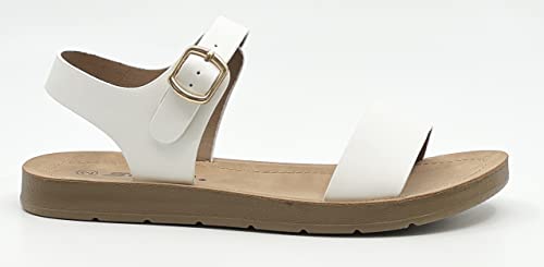 Soda KIDS/CHILDREN/GIRLS Casual Open Toe Single Band Fashion Slide Flat Sandal with Adjustable Ankle Strap PLENTY-11S White Pu 112