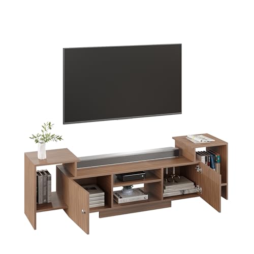 Image of FURNEASER Eptimal Modern Wooden TV Unit for Living Room | Engineered Wood Entertainment Center with Storage | TV Stand for 65 Inch TVs | TV Cabinet with Shelves & Doors | Exotic Teak | 160 cm Length