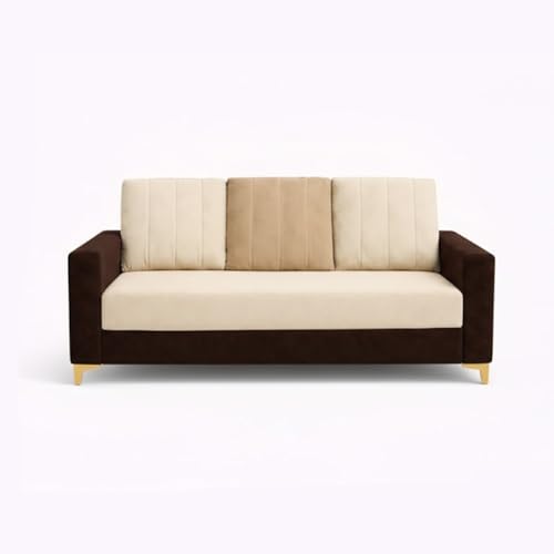 Image of Hendrick Plush Velvet 3 Seater + 2 Seater Sofa Set with 2 Ottoman | Silken Velvet Upholstery | Golden Legs | Designer Set for Living Room & Office Spaces (Cream, Beige & Dark Brown)