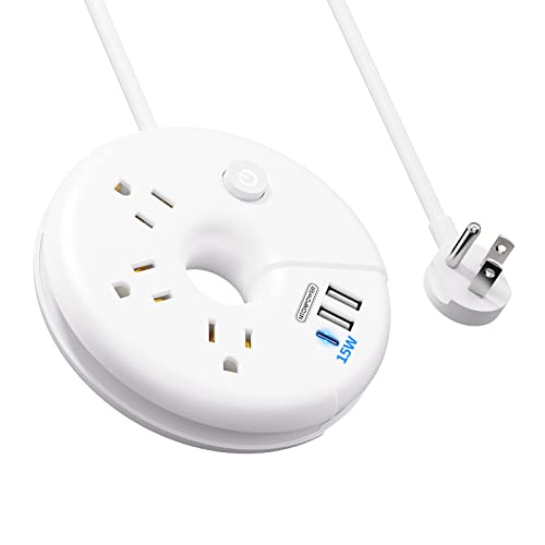 NTONPOWER Travel Power Strip, 15 inches Short Extension Cord with 3 USB Ports, Circle, Retractable Flat Plug Power Strip with USB C, Compact Charging Station for Dorm, Hotel, Cruise Essentials, White