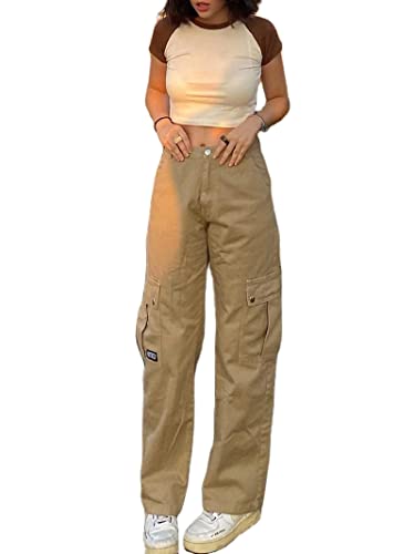 VOCAOGM Pantalon droit et large pour femme, taille basse, pantalon de survêtement ample des années 90, pantalon cargo streetwear avec poches, kaki, S Cover