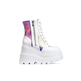 Cape Robbin Holographic Platform Ankle Boots for Women Chunky Block Heels Pointed Toe PU Leather with Buckle Strap Retro Futuristic Style (Radio) - White Size 10