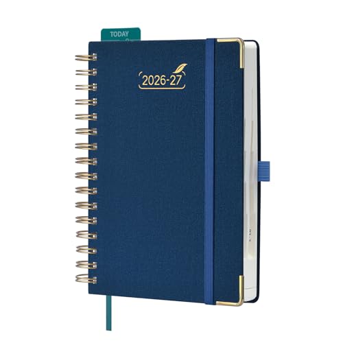 BEZEND Agenda Escolar 2026 2027 Día por Página A5 Espiral, 12 Meses de Ago.26 a Jul.27, Agenda Diaria 15,5 x 21 cm, Dia Vista con Intervalos de 30 minutos, Tapa Dura en Cuero PU   Azul Prusia