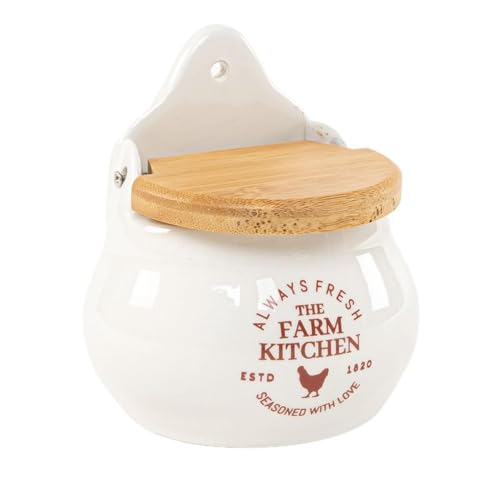 ROCKING GIFTS Saliera in ceramica bianca con coperchio in legno, 12 cm, barattolo per sale e spezie per la cucina e il riposo a parete