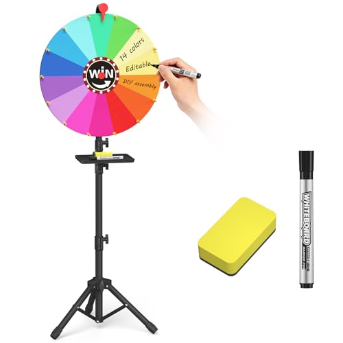 Retbtnm 24 inch Prize Wheel 14 Color Slots Adjustable 47-80 Height Spinning Wheel for Prizes with Marker & Eraser Large Spin the Wheel Game with Stand Suitable for Party Carnivals & Tradeshow