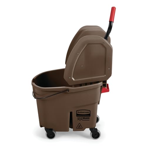 Image of Rubbermaid Commercial Products WaveBrake 35 QT Down-Press Mop Bucket and Wringer Combo on Wheels, Brown, for Heavy-Duty Floor Cleaning