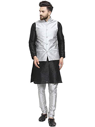 Ensemble Royal Kurta Luxe en Soie Mélangée avec Veste Style Officier Argenté